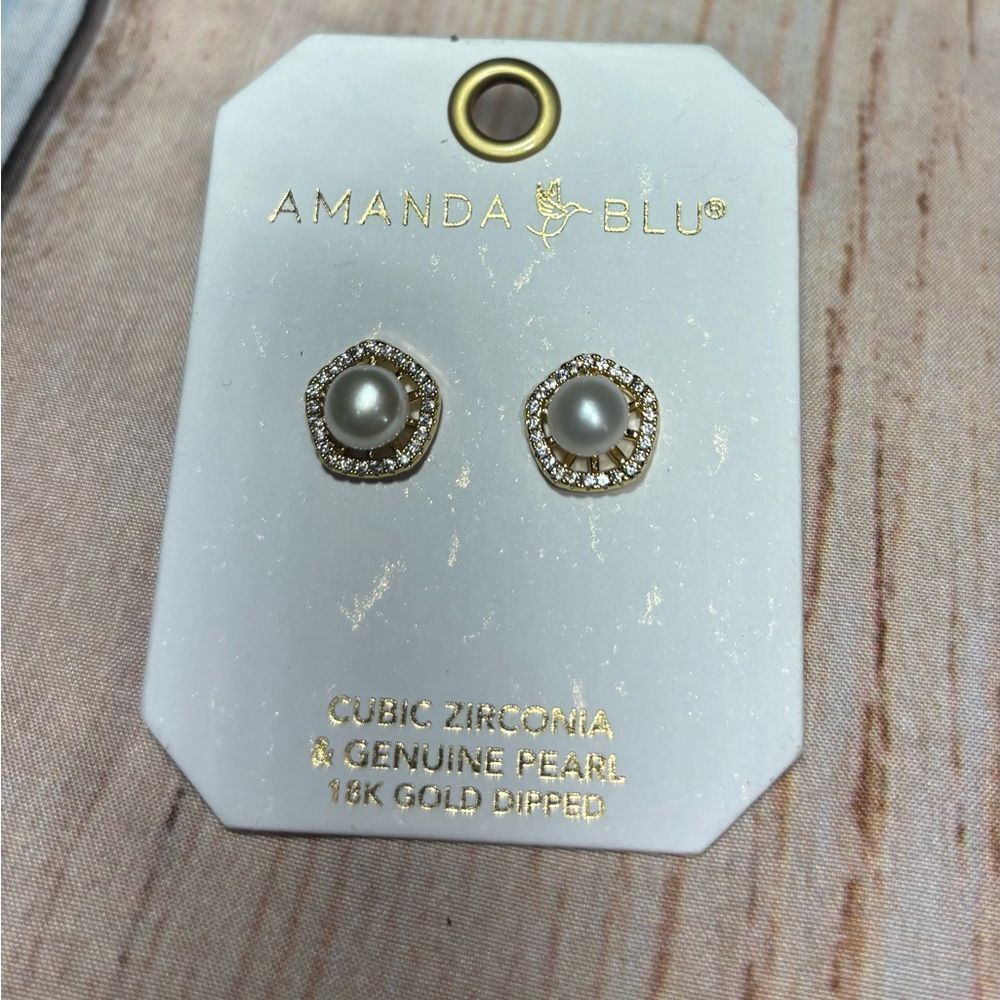 New Amanda Blu Gold Pentagon Halo Pearl Stud Earrings